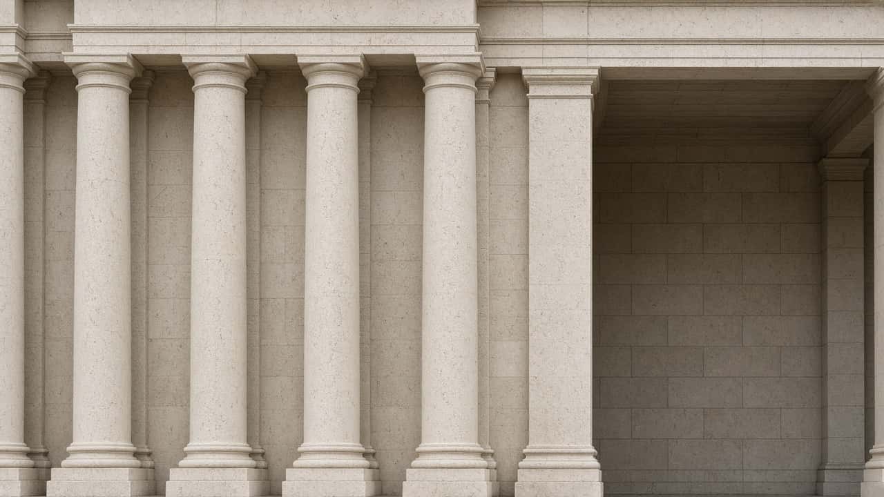 A pale limestone colonnade in even daylight.